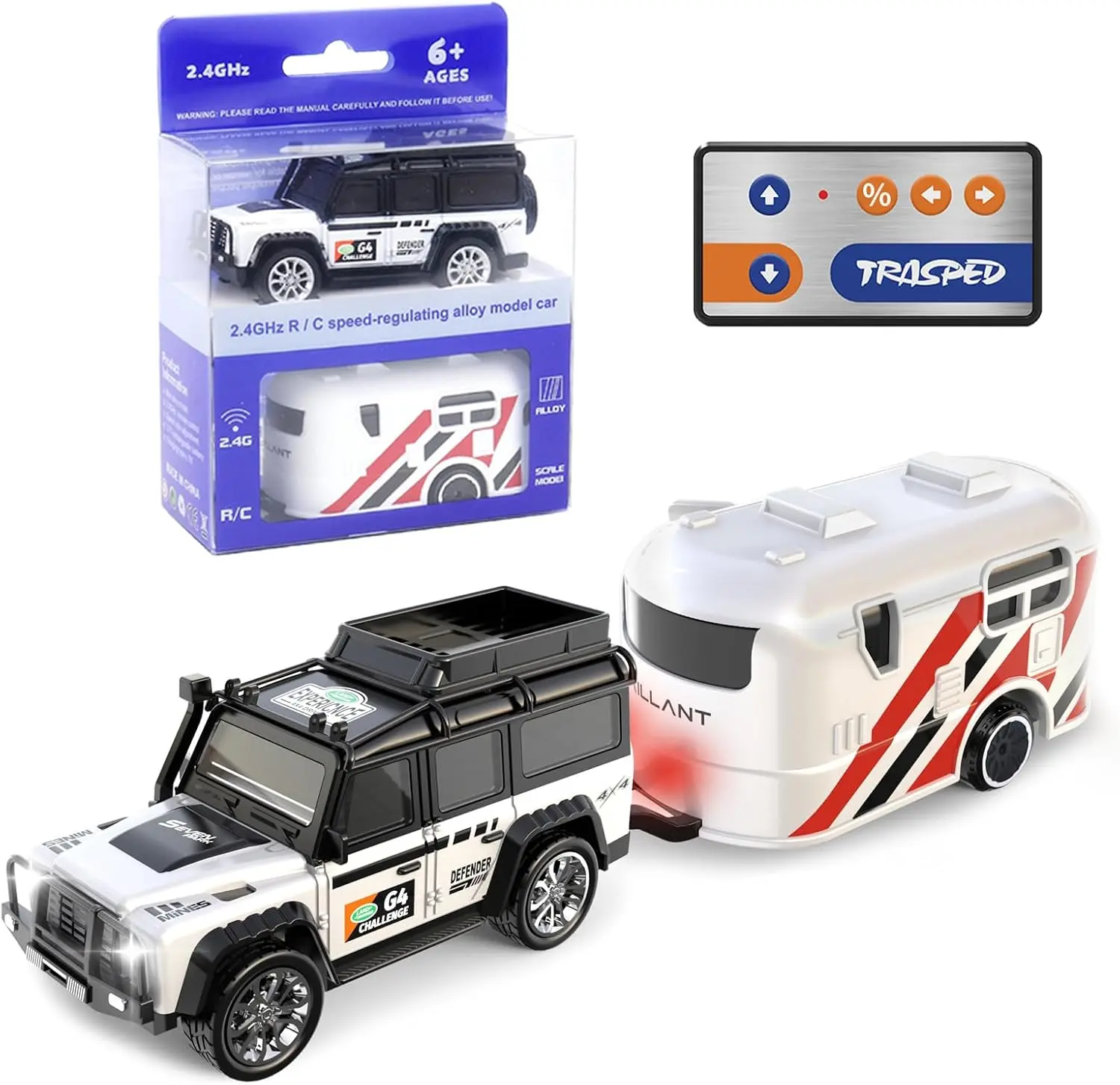 1/64 Alloy Body Remote Control Truck with Trailer, High Speed Battery-Powered RC Vehicle, 2.4GHz No-Interference, 3-Speed Modes, LED Lights, USB-C Charging, 3.7V 160mAh Rechargeable Lithium Battery, Indoor-Outdoor Kid Toy for Birthdays, Rc Cars