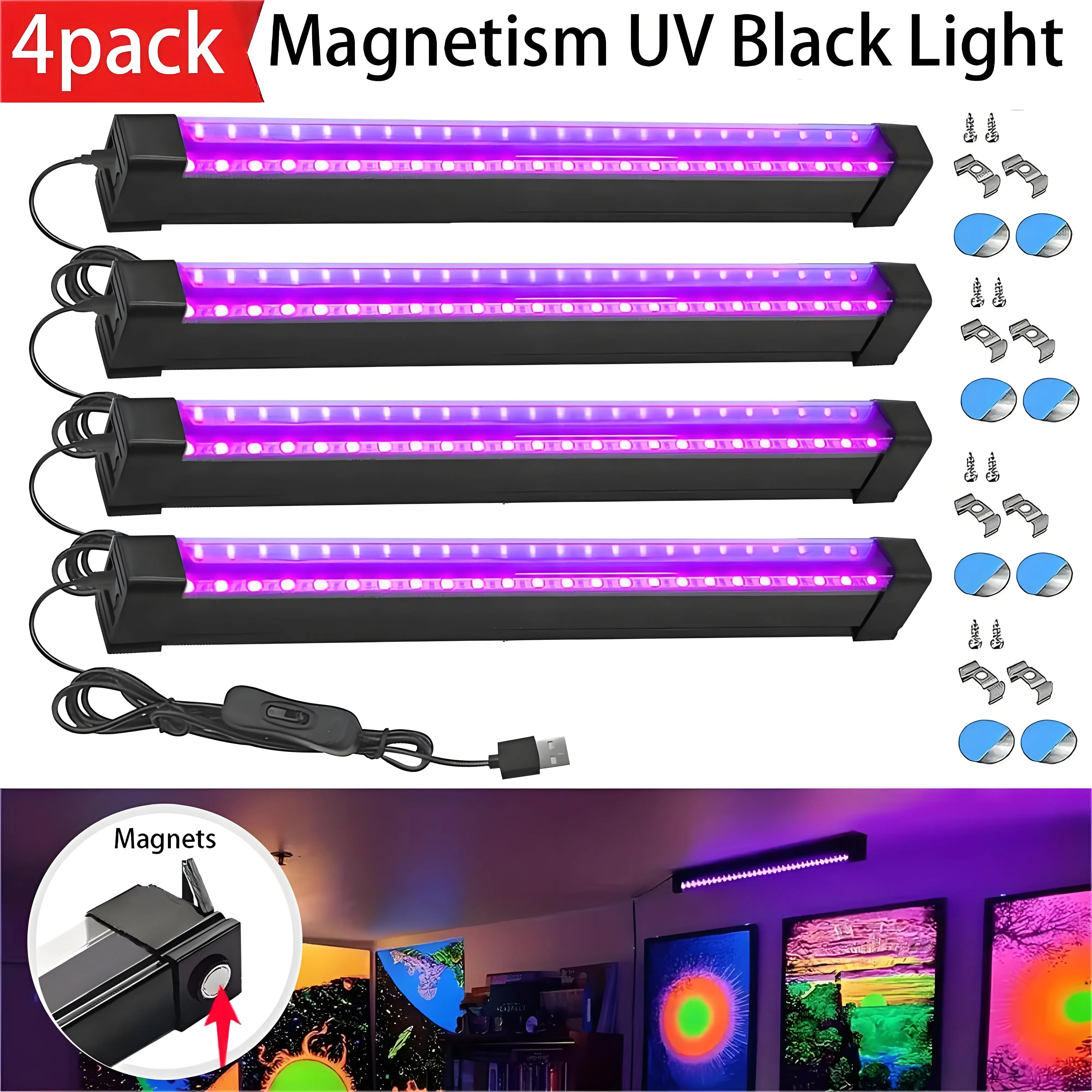 VASTFIRE 4-Pack UV Black Light Bar, 9W (9w power output), 24 LED 395nm, USB-Powered, Magnetic U-Hook Mount, Portable Strip for Glow Parties, Home Decoration