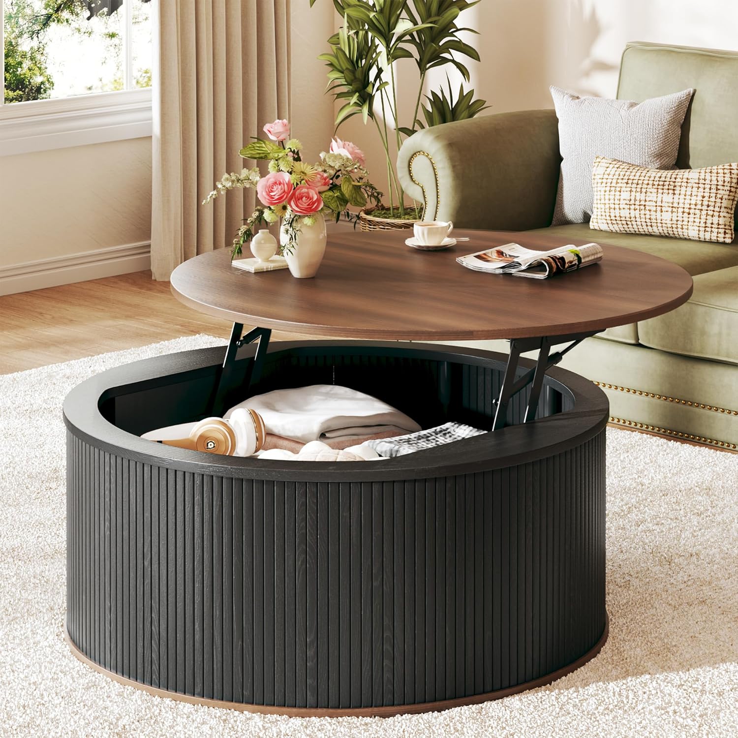 Round Coffee Table with Storage, 31.5" Lift Top Coffee Table, Mid Century Modern Coffee Tables for Living Room, Apartment Office, Fluted Table with Rustic Wood Desktop Round Coffee Table with Storage, 31.5" Lift Top Coffee Table, Mid Century Modern Coffee Tables for Living Room, Apartment Office, Fluted Table with Rustic Wood Desktop