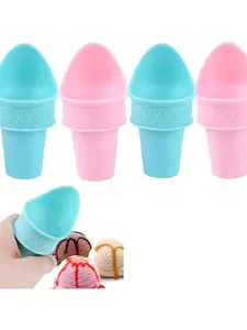ANPHON 4-Pcs Reusable Small Size Ice Cream Cups Set, Portable Lightweight Plastic Snack Cups with Cone Shape Ice Cream Scoops, Cartoon Colors for Summer Parties, Birthday Kitchen Use