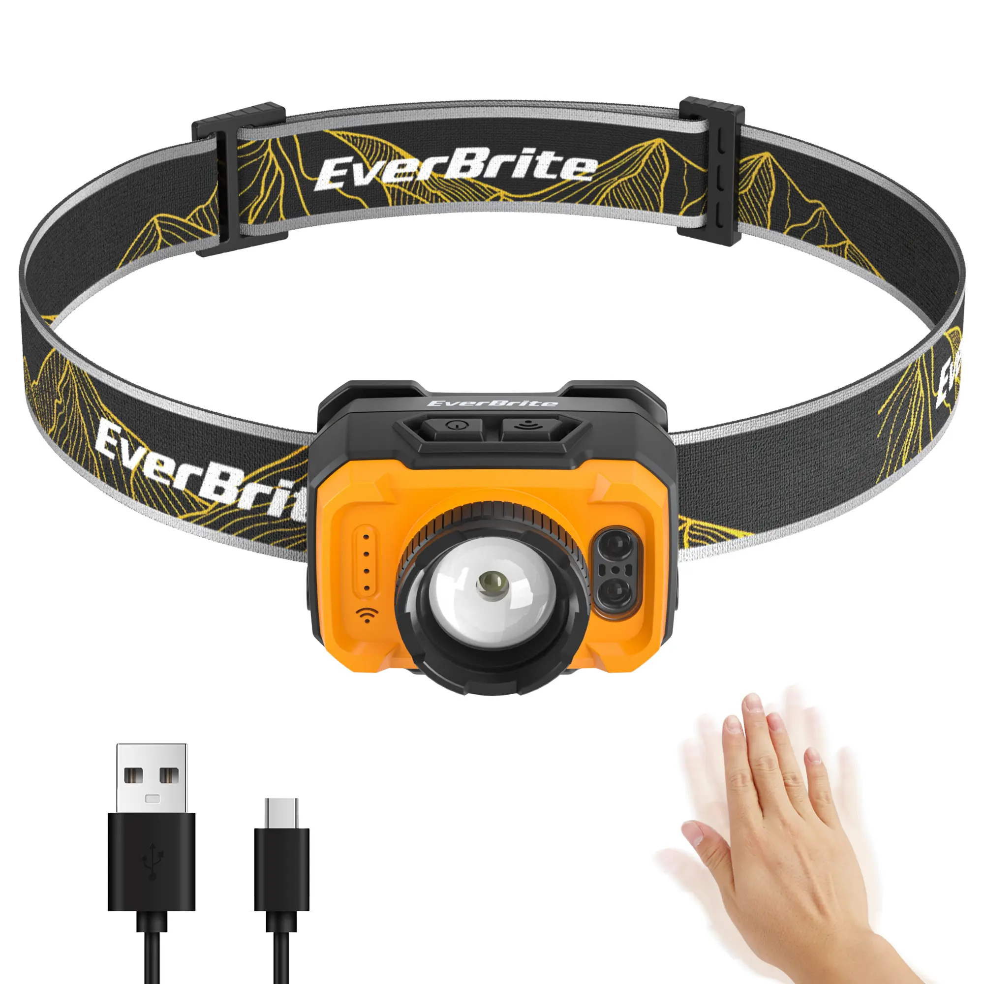 #summersale EverBrite Rechargeable Headlamp, 600 Lumen Head Lamp for Adults, 4 Modes with Motion Sensor & Memory Function, Zoomable Headlamp with Spotlight & Floodlight, 75° Adjustable for Camping, Running