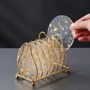 Heat-Resistant 6pcs Acrylic Coasters with Golden Foil Accents - Non-Slip Tea Cup Mats for Tabletop Protection & Home Decor Tableware