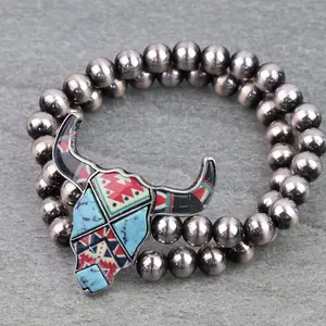 Western Aztec Print Steer Skull Stretch Bracelet
