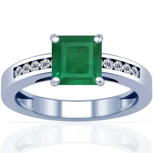 Emerald Square and Diamond Ring - (14k White Gold)- R60398REEM