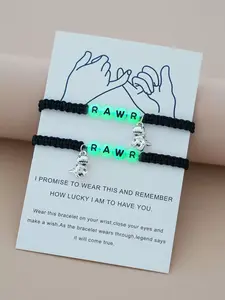 Set of 2 "RAWR" Dinosaur Couple Bracelets – Glow in the Dark Beads, Adjustable Handmade Woven Rope, Cute & Fun Matching Gifts, Affordable & 2025 Trend