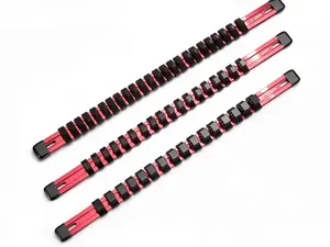 Tool Socket Organizer Set—Socket Rack and Socket Rail for 1/2-inch, 3/8-inch, and 1/4-inch Drive Sockets—Holds 58 Chrome or Impact Sockets—Professional-Grade Maintenance Tool Organizer (3-Piece Set, Red)