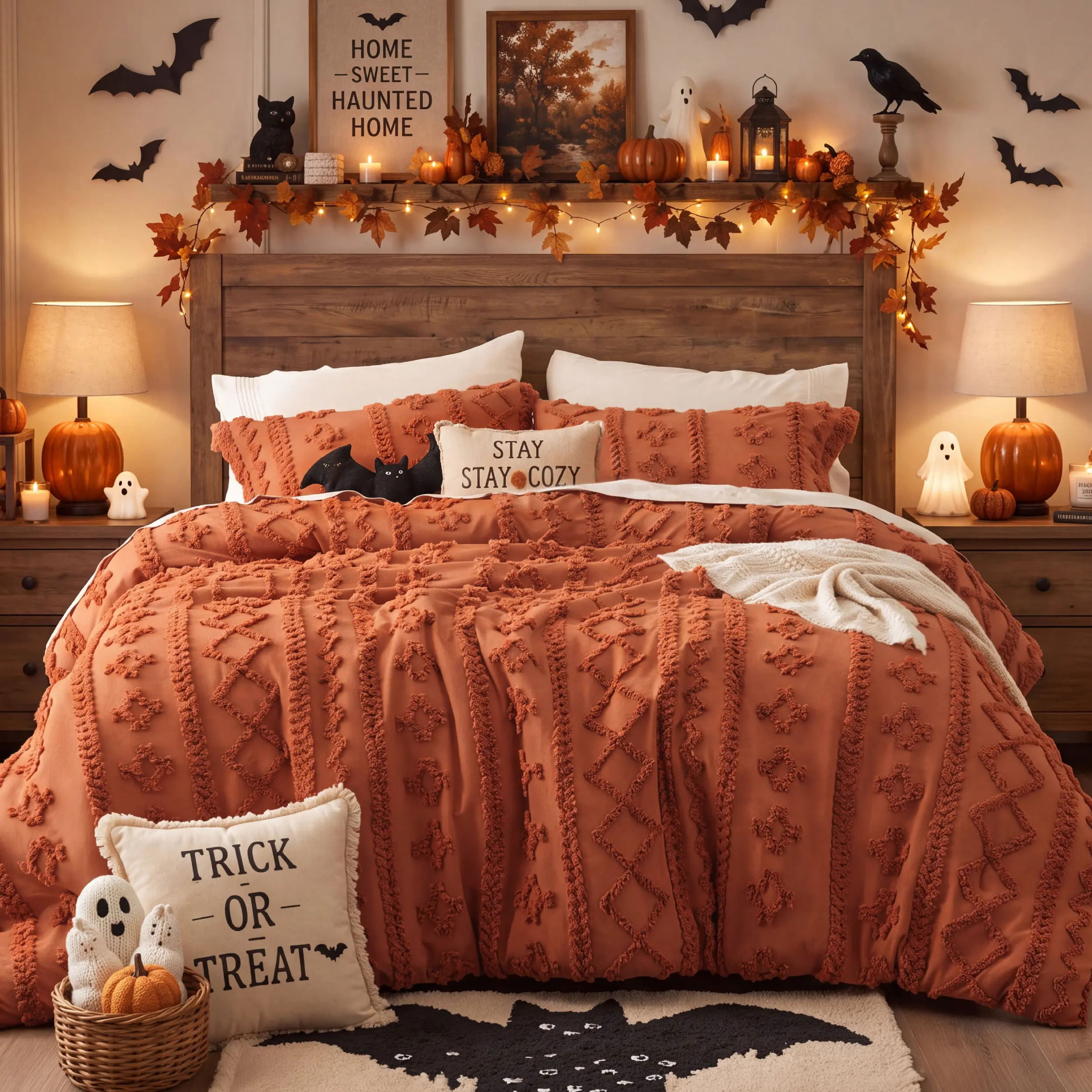 Bedsure 3-Piece Tufted Boho Comforter Set - Soft Jacquard Embroidery Bedding, Farmhouse Shabby Chic Style, All-Season Use, Ideal for Bedroom Decoration,Halloween Gifts,Pumpkin