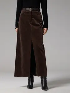 Elegant Women's Vintage High Waist Soft Corduroy Skirt, Mid-Length H-Line Split Design, Elastic Waistband, Perfect for Everyday Wear Fall & Winter