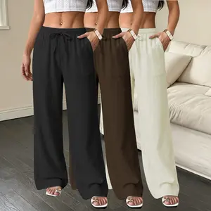 Women’s 3-pack ultra-comfortable pants made from polyester fiber, featuring a drawstring elastic waistband, lightweight drapey fabric, wide-leg design—ideal for sports and everyday casual wear, highly versatile.