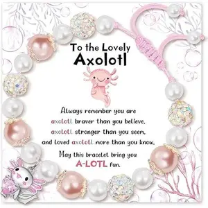 Cute Axolotl Bracelet for Girls Pink Pearl Beaded Charm Bracelets Adjustable Novelty Ocean Jewelry Graduation Birthday Gifts for Daughter Granddaughter Niece