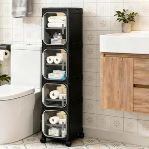 4-Tier Tall Narrow Storage Cabinet, Slim Bathroom Storage Cabinet with Adjustable Shelves and Wheels, Narrow Organizer for Small Space, Bathroom, Kitchen, Laundry, White