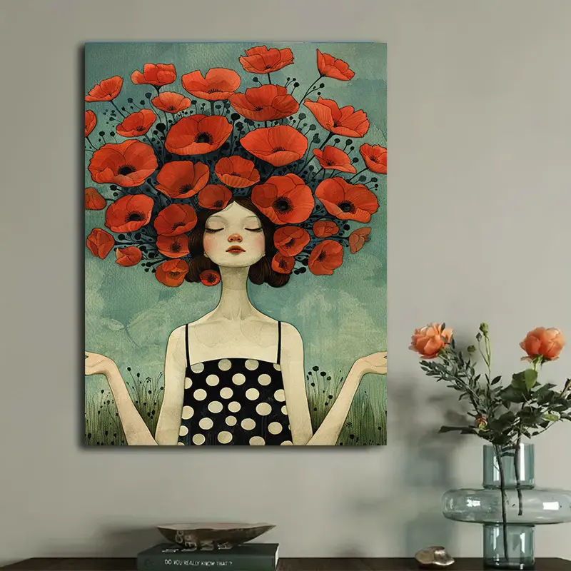 Large Frameless Poppy Canvas Print - Artistic Flowers Wall Decor, Vibrant Red Poppies & Serene Woman, Modern Minimalist Art-Themed Piece for Home Office, Ideal Decoration & Gift
