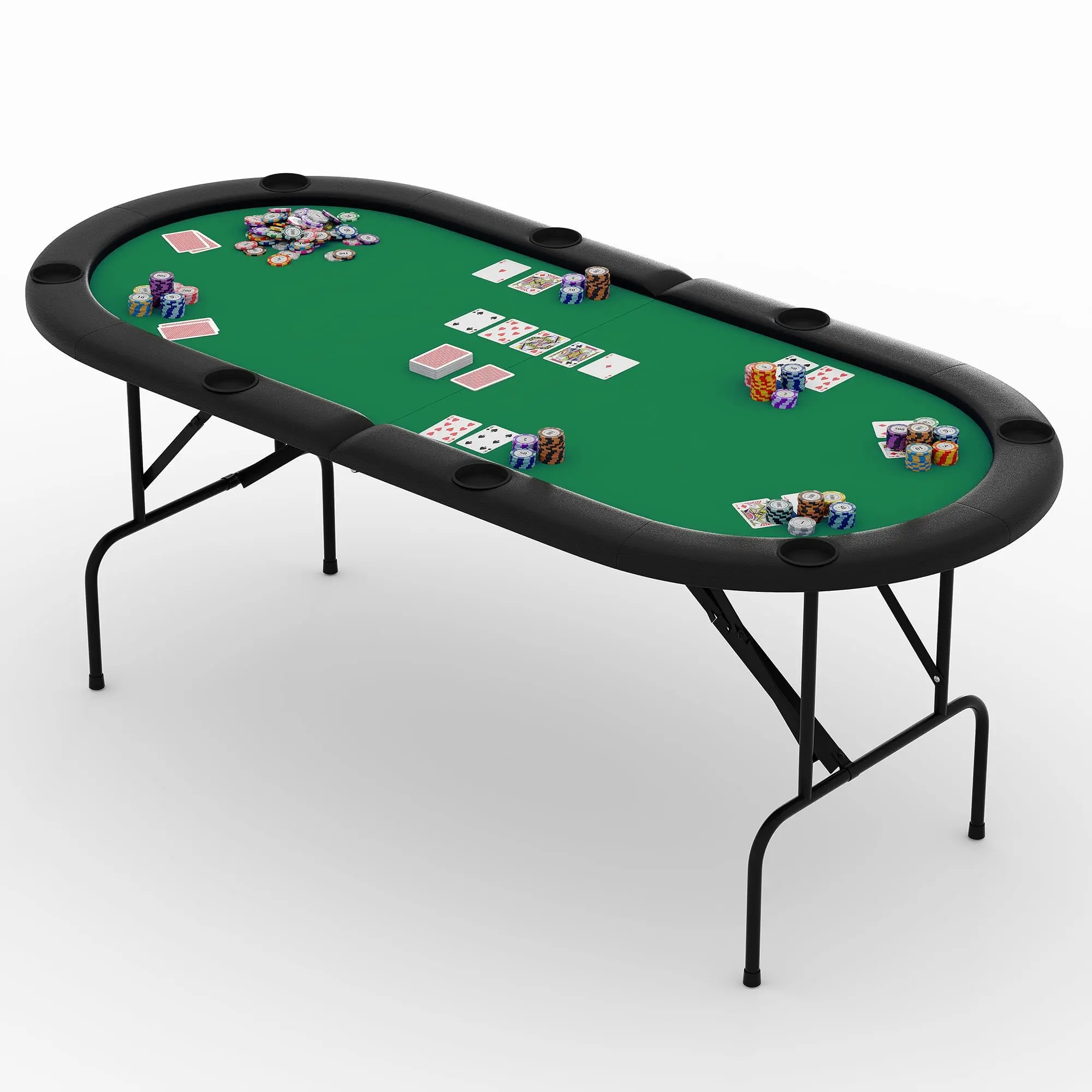 71" Oval Folding Poker Table for 8 Players, Texas Holdem Casino Table with Padded Candlesticks and Cup Holders, Folding Game Table for Blackjack, Dominoes, Home Game Nights (Green)
