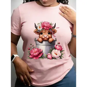 100% Cotton Women's Pink Highland Cow Pattern T-Shirt - Soft Breathable Lightweight Short Sleeve Round Neck, Cute Scottish Cow with Flower and Heart Print, Universal Casual T-Shirt, Suitable for Birthday, Thanksgiving, Valentine's Day