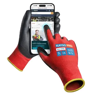 Outdoor Activity Gloves. KAYGO Safety Work Gloves PU Coated for Men and Women- KG11PB,12 Pairs,Seamless Knit Glove with Two Fingers Touchscreen,Ideal for General Duty Work (Large,Black)