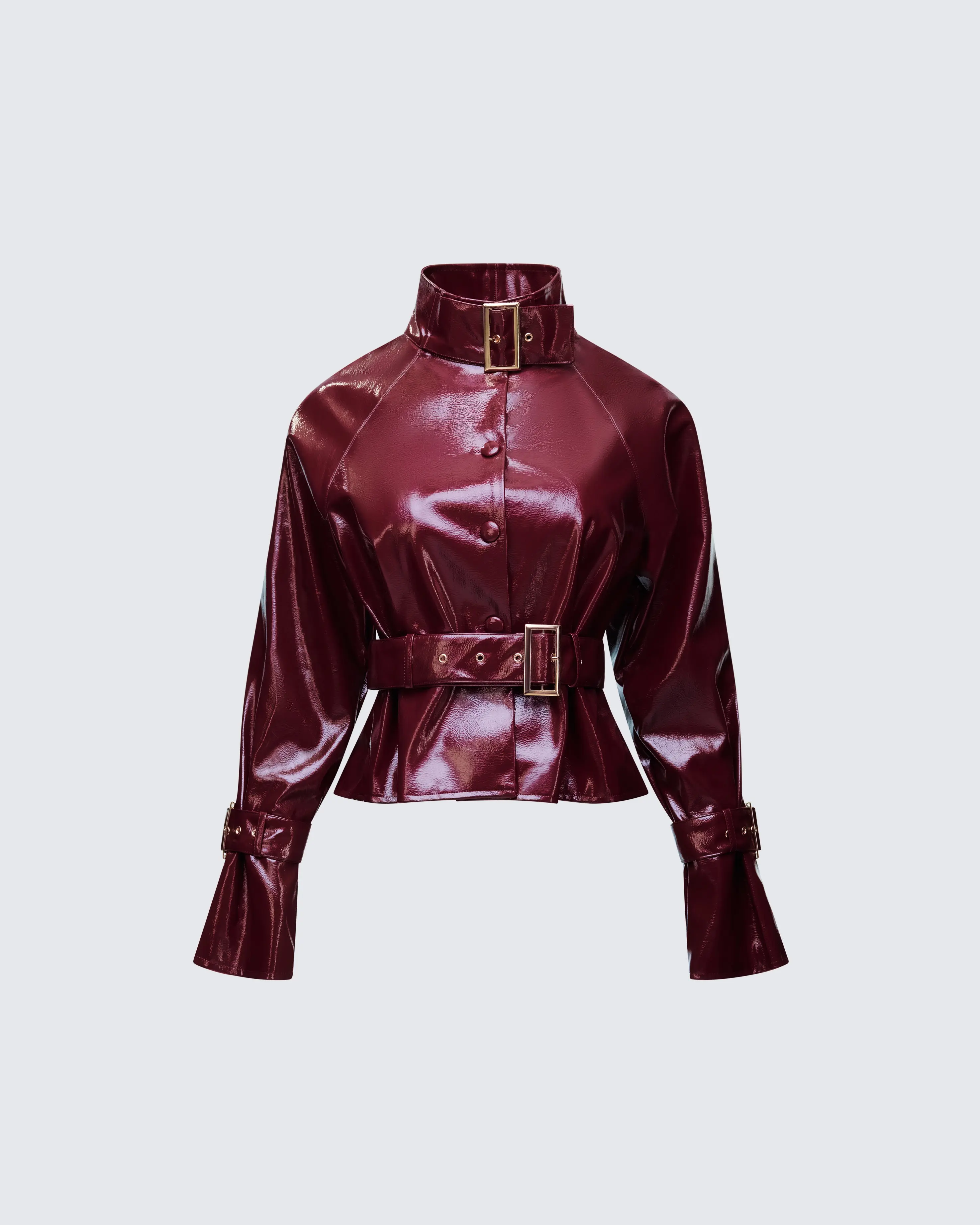 Women's Matilde Plum Vegan Leather Buckle Detail Cropped Flared Jacket, Tops-Coats Hybrid with Adjustable Straps, Fitted