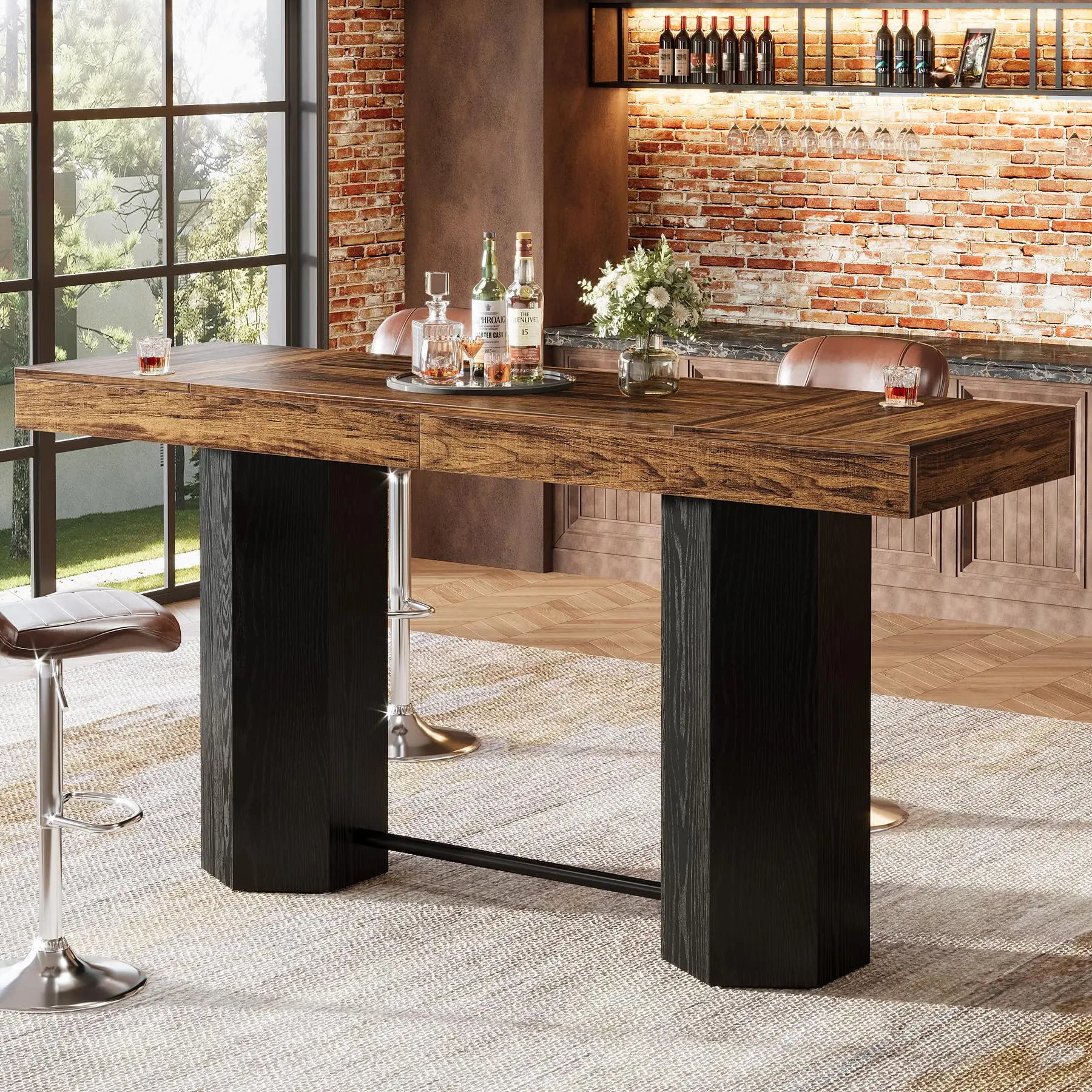 Tribesigns 70.9'' Industrial Bar Table for Kitchen & Living Room, Sturdy Rectangular Pub Table with Footrest, Rustic Brown & Black