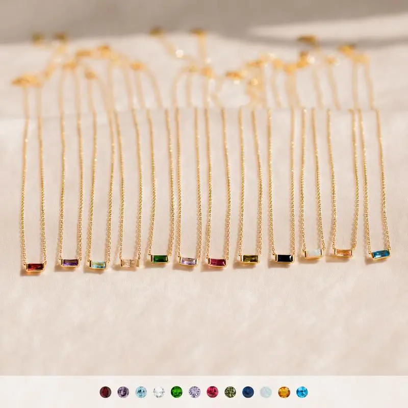 Minimalist Adjustable Elegant Birthstone Necklace - 3x7mm Cubic Zirconia Baguette Charm Necklace in Gold-Silver, Birthday Personalized Gift for Her, Costume Jewelry for Bag/Car Mirror