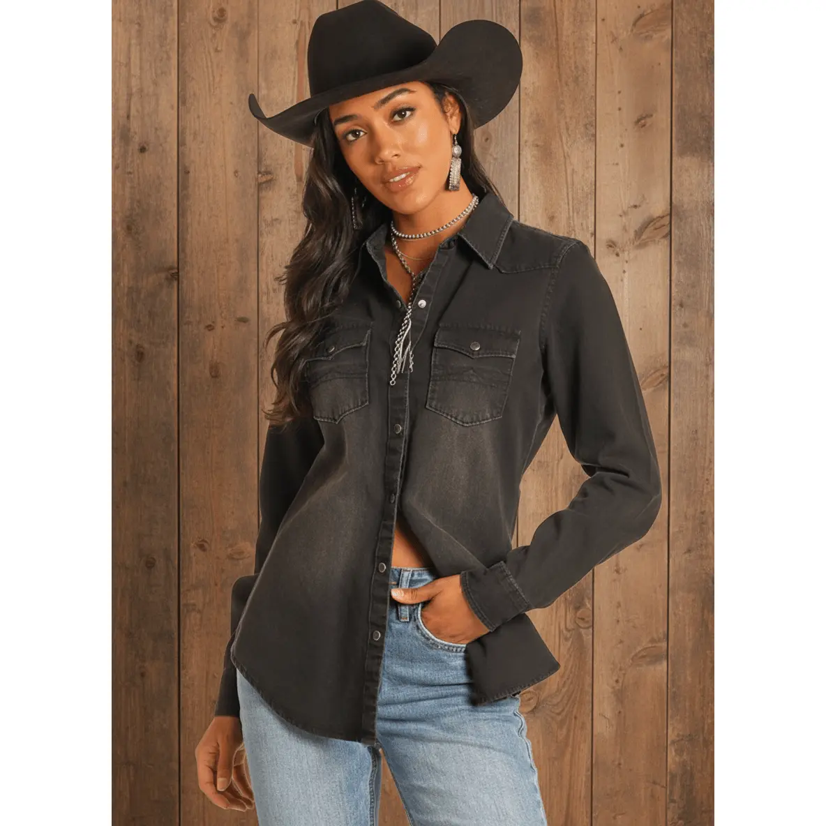 Women's Western Cowgirl Denim Shirt with Long Sleeves, Feminine Style with Pearl Snaps and Point Yoke Detailing, Soft