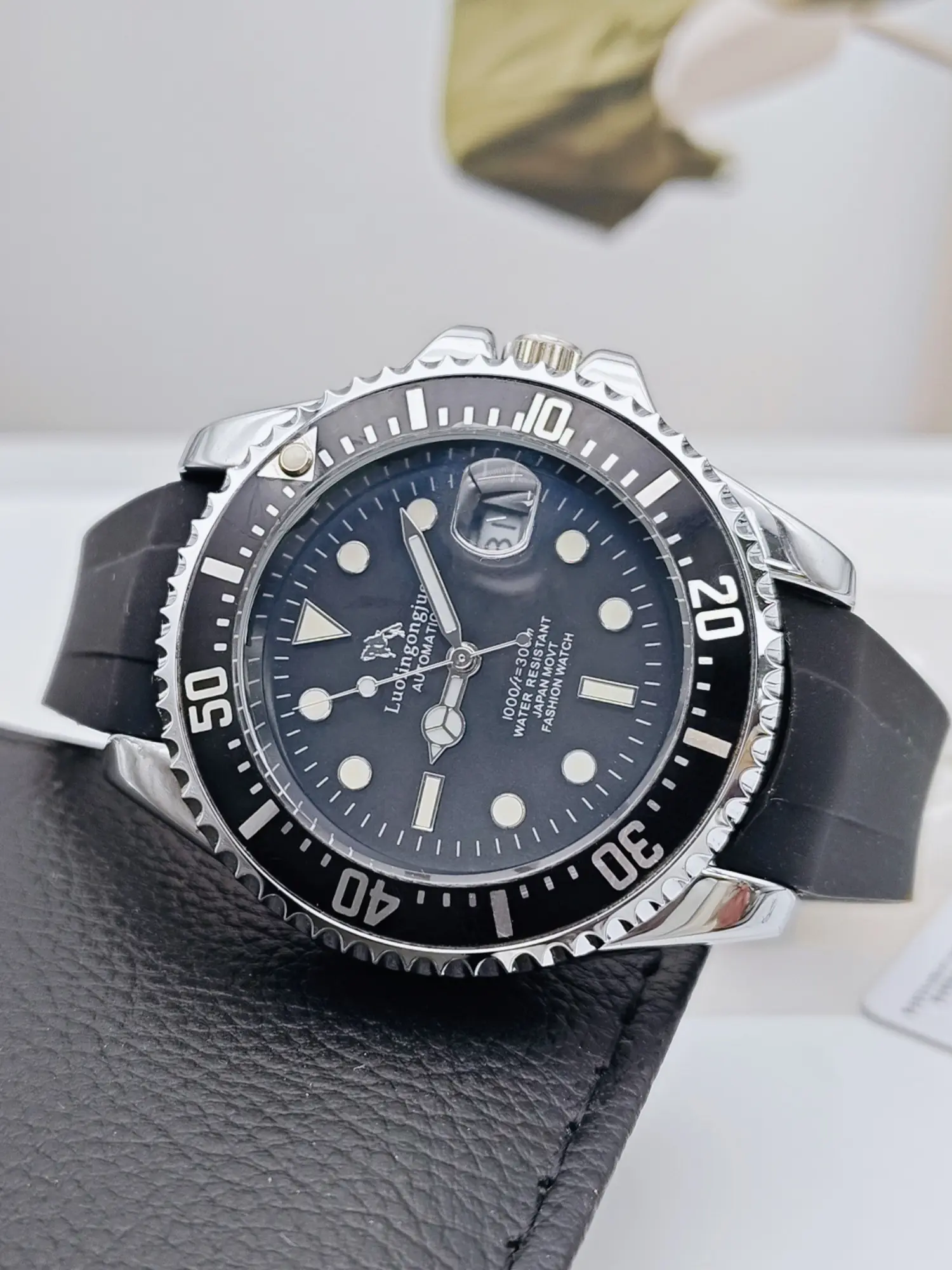Submariner series Blackwater Ghost business men's mechanical watch, Round dial watch, circular dial, automatic winding, hollow design, silicone strap, European and American style, Luminous analog watch, Automatic Watches