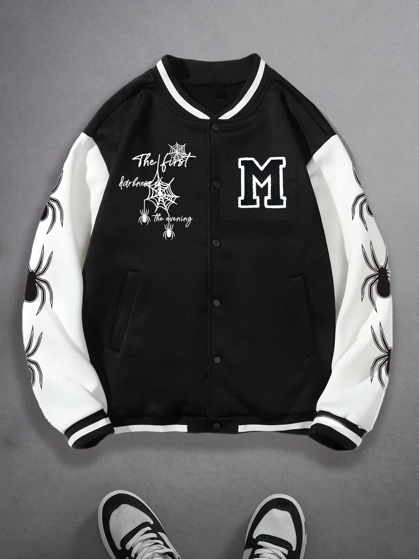 Unisex Y2K Style Fun spider and spider web print with letter M Print Baseball Jacket, Patchwork, Casual Fall Winter Streetwear, Trendy Men's Gift