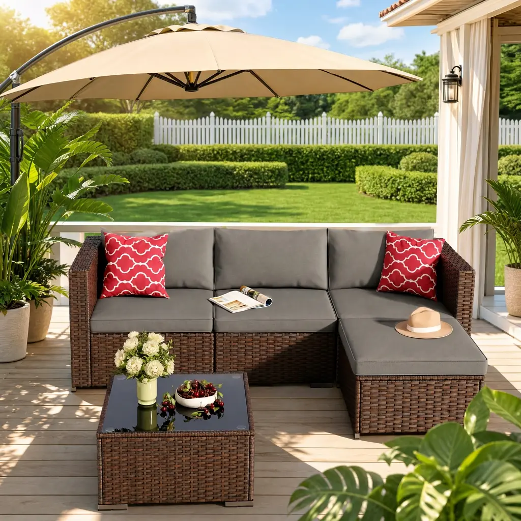 GIZOON 5-Piece Modern Wicker Rattan Patio Conversation Set - All-Weather Outdoor Sofa Sectional Patio Furniture Set, Complete with Cushions and Glass Table (Grey), Rattan Conversation Sets,home decor,camping essentials