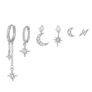 Mini star and moon pendant earrings, stud earring set, cartilage studs, women's petite earrings (6 pieces), suitable for multiple ear piercings, can be stacked.