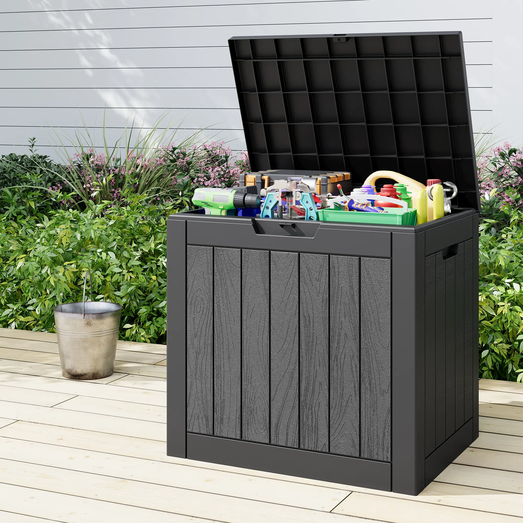 RIWENGO 31 Gallon Deck Box Resin Outdoor Storage Waterproof UV Resistant Lightweight Storage Box for Garden Tools Pool Supplies