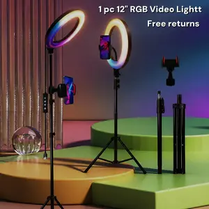12" RGB Video Light with 63" Telescoping Tripod & Phone Holder | 3 Lighting Modes & 10 Brightness Levels | Professional Fill Light for YouTube, Instagram, Live Streaming | Elevate March Madness, Spring Break, World Cup & Easter Content Creation