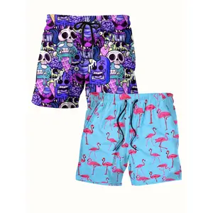Trending 2‑PACK Men's Purple Monster & Blue Flamingo Print Shorts, Quick‑Dry Graphic Sportswear, Elastic Drawstring Waist with Pockets, Tropical Summer Streetwear Casual Outfit Breathable