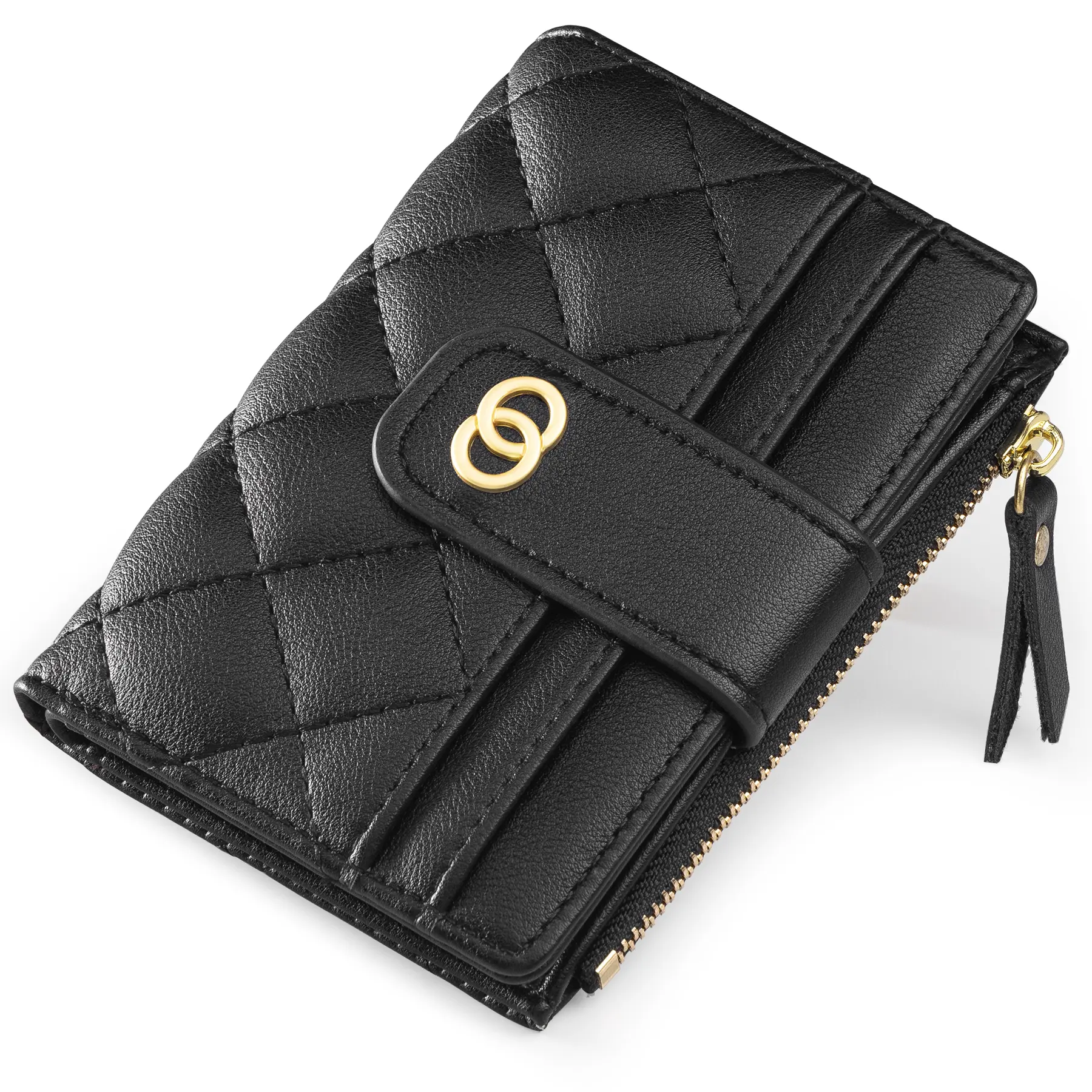 VTLASK Women's Slim Diamond-Quilted Leather Small Wallet - Bifold Credit Card Holder with ID Window, Zipper Coin Pocket