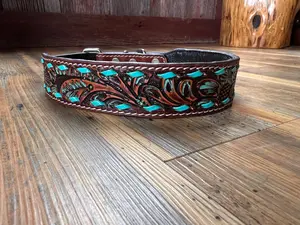 Leather Tooled Dog Collar with Teal Buckstitching