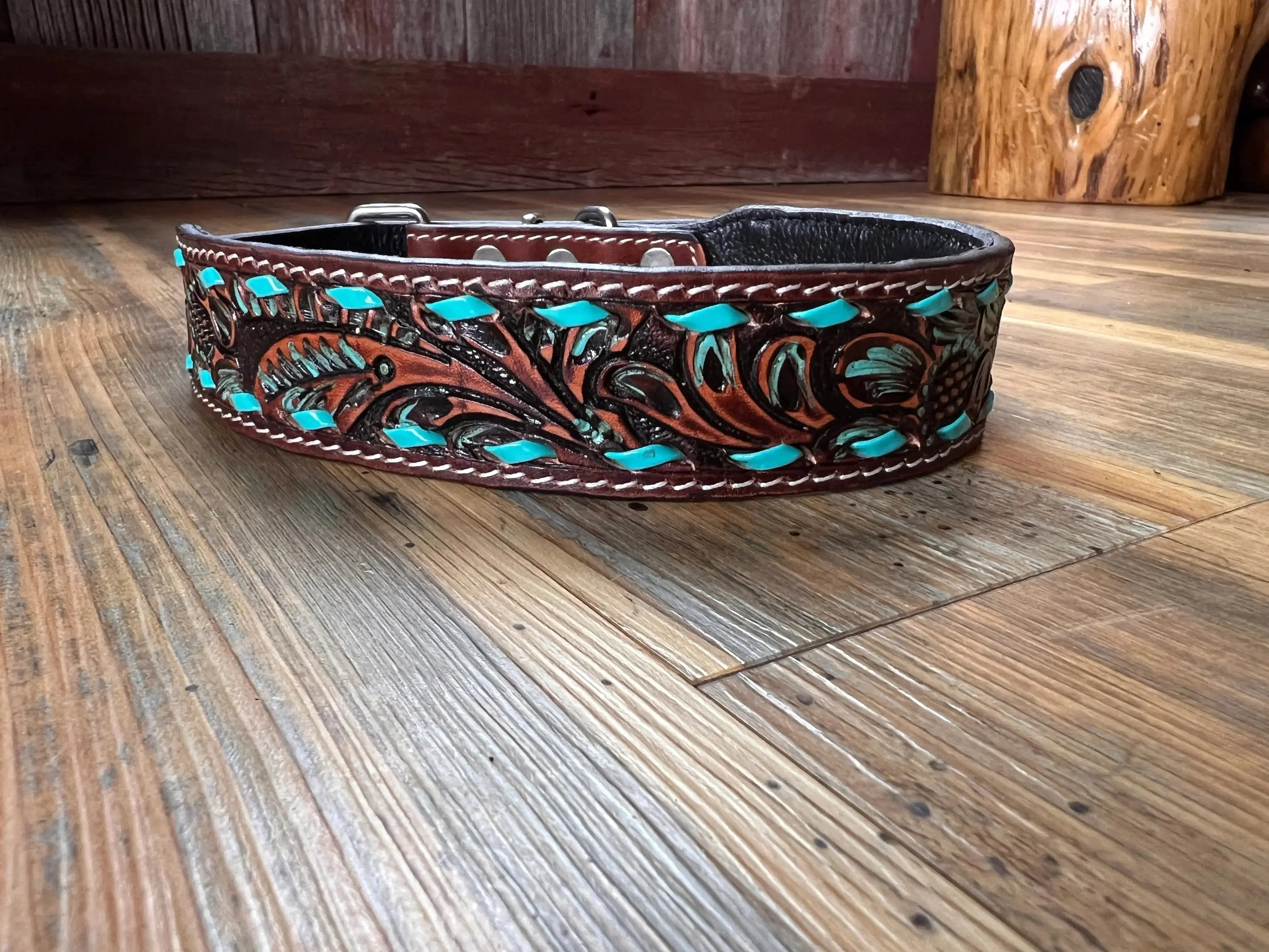 Leather Tooled Dog Collar with Teal Buckstitching