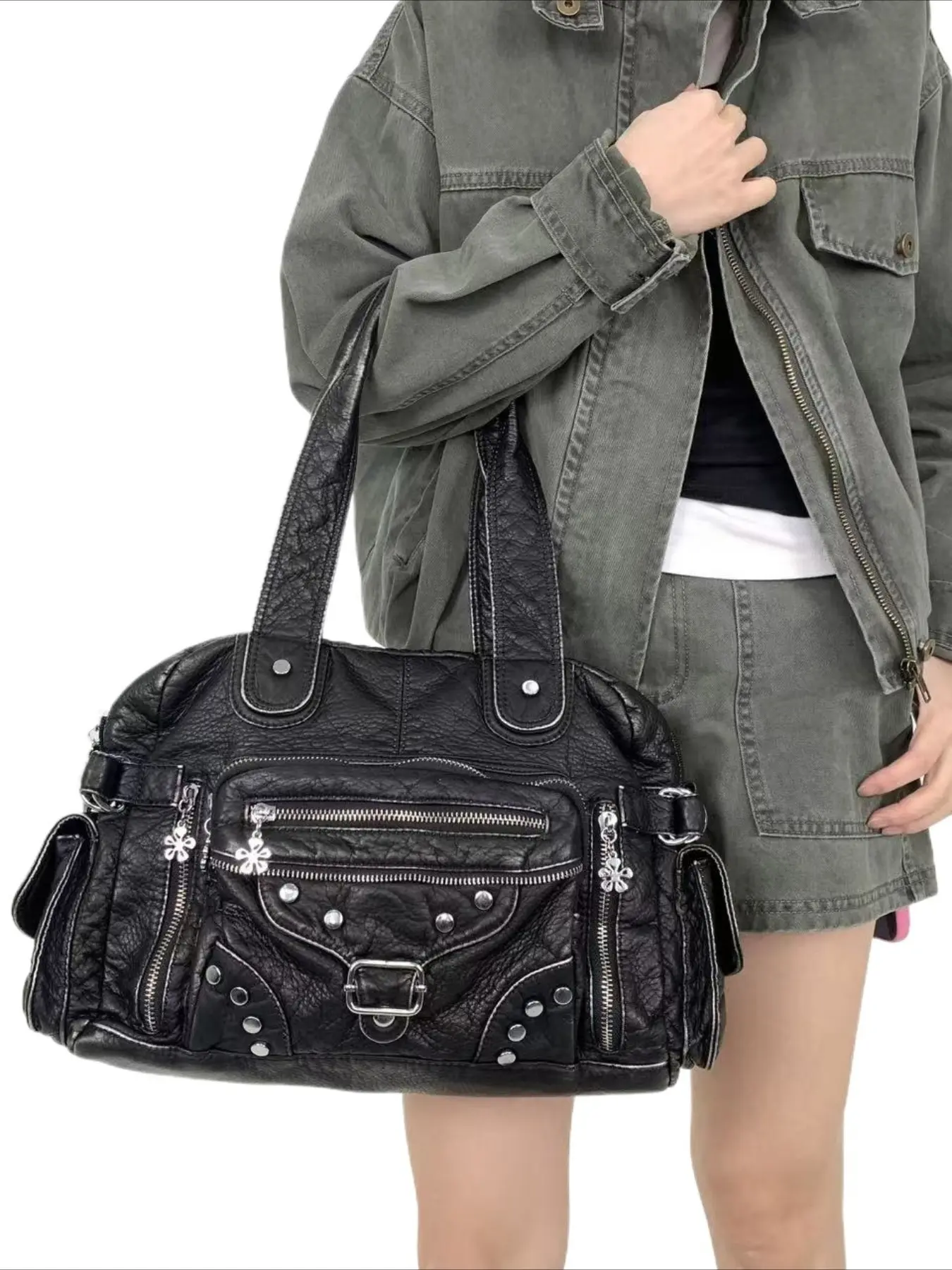 Ladies' retro vegan motorcycle handbag, Casual messenger bags, Gothic style front pocket soft shoulder bag with detachable strap, large capacity, rivet design, Y2K handbag, suitable for daily commuting, gatherings, work