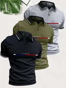 3 Pack Men's Summer Paris Letter Pattern Printed Short Sleeve Button Turn-down Collar Polo Shirt Simple Retro Beach Vacation Casual Sports Outing Top Commuting Work Golf Gift for Boyfriend or Husband