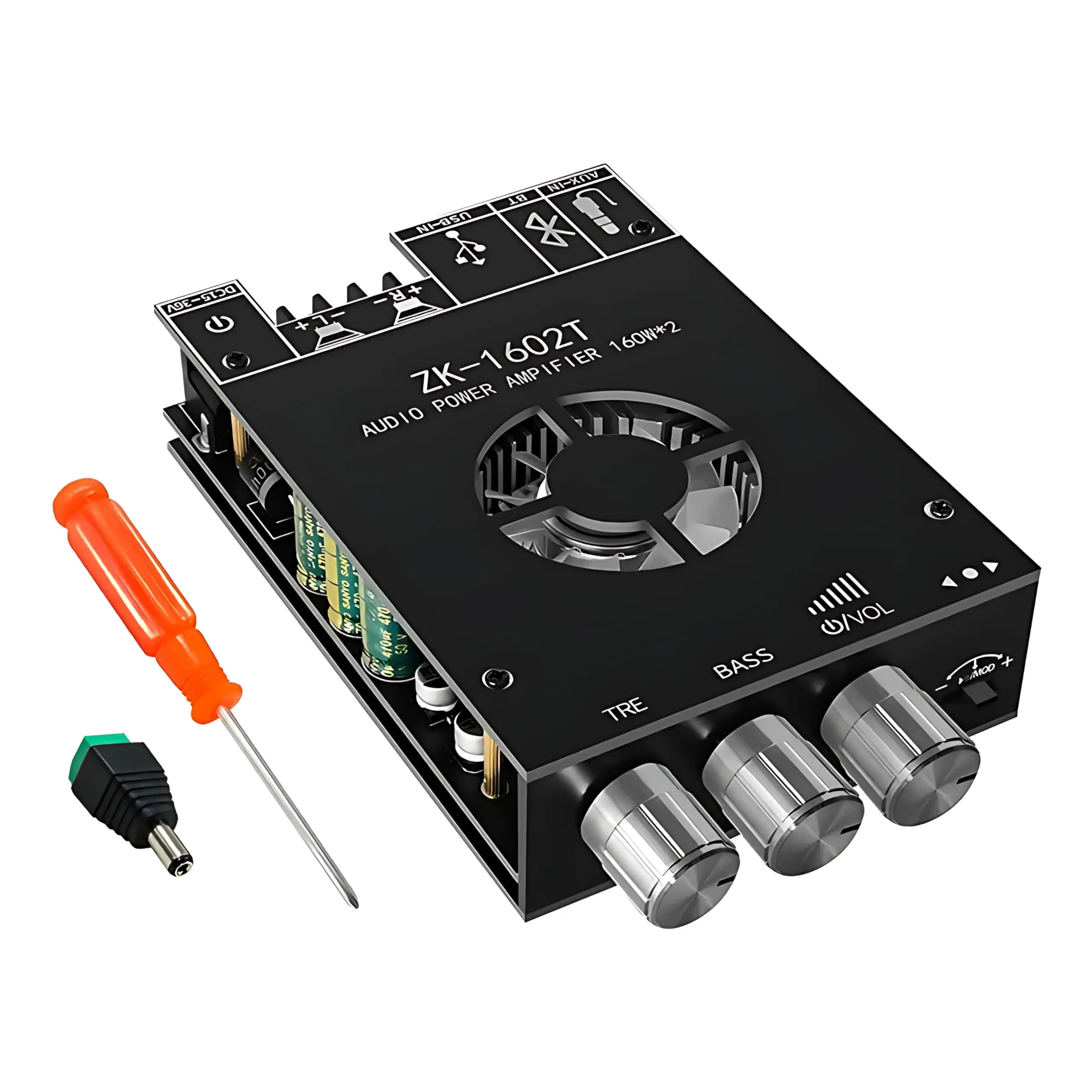 Bluetooth 5.0 Audio Stereo Amplifier Board,160 * 2W HiFi 2.1 Channel Mini Amp Module with Treble & Bass Control with AUX and USB Input,DC 15-36 V for DIY Home Speakers