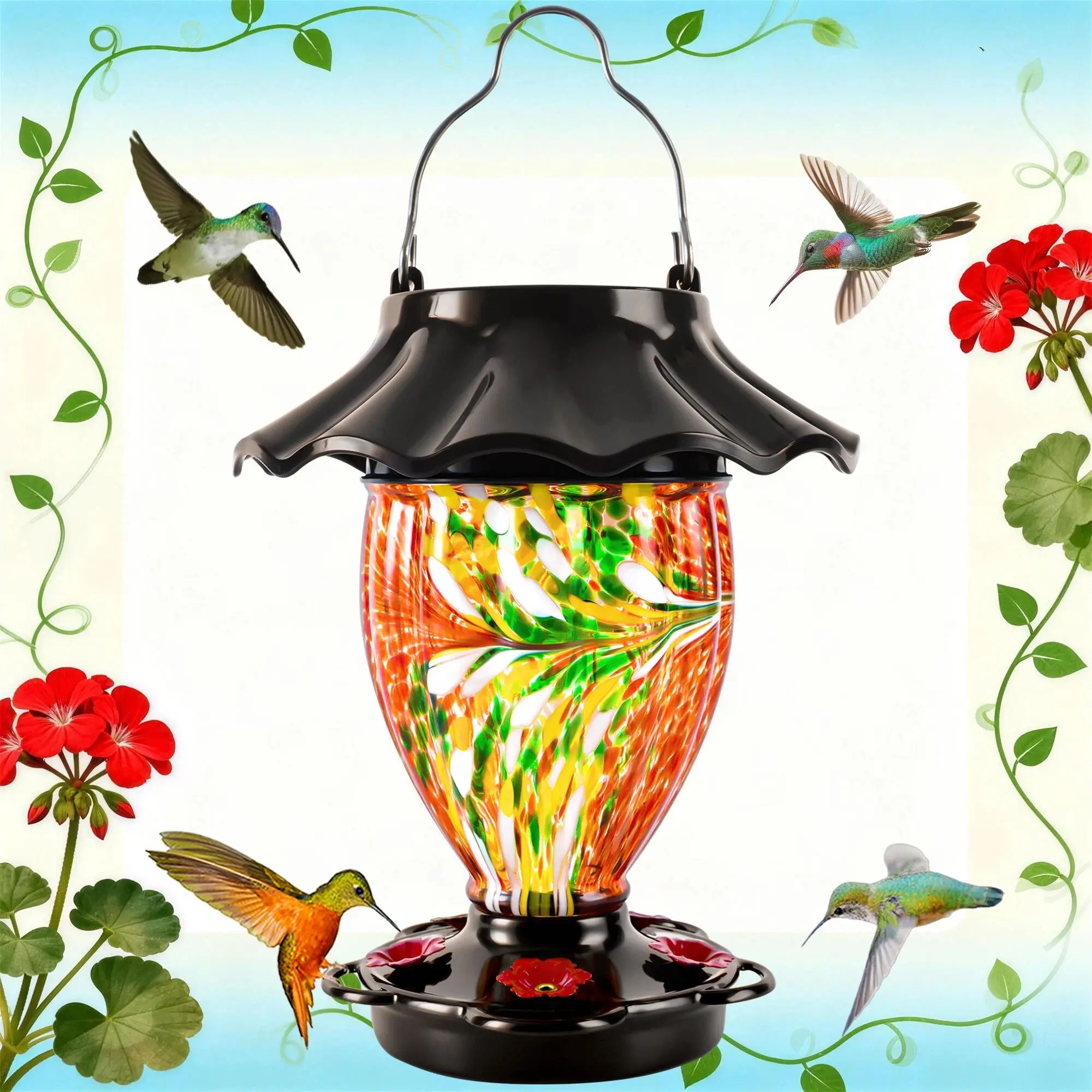 LUJII Solar-Powered Hummingbird Feeder (Red) - 32oz See-Through Reservoir, Color-Changing Lighting, Hand-Blown Glass Art, Leakproof Metal Design, Waterproof Hanging Lantern, Garden Decor for Bird Lovers, Bird Feeding Tools