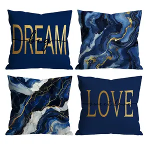 Set of 4 Navy Blue Gold Marble Pillow Covers - "Dream Big" "Love Sweet Love" Inspirational Abstract Throw Pillow Cases, Modern Home Decor for Sofa Couch Bedroom Living Room