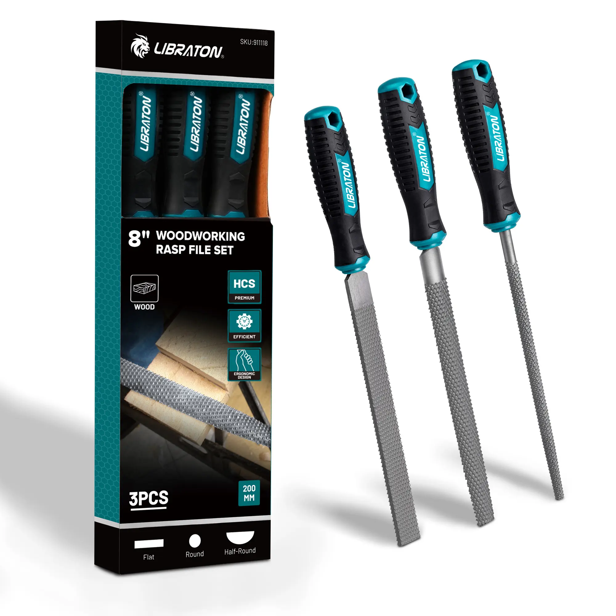 Libraton Wood Rasp Set, 3PCS Wood File Set, Multi-Shape Wood Rasp File, 8" High-Carbon Steel Woodworking Rasp File Set, Includes Flat, Round, and Half-Round with Comfortable Handle for Woodworking