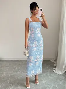 Elegant Women's Mesh Embroidered Butterfly Knot Strap Halter Party Dress, Stylish Evening Gown, Perfect for Special Occasions