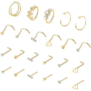 Sanfenly 23 Pieces Nose Piercing Kit Made of 316L Stainless Steel, L‑Shape Nose Studs, C‑Shape Nose Rings, Silver Spiral Nose Rings with Rhinestone, Nose Rings for Women Men 20G