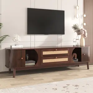 Rattan TV Stand for TVs up to 75-inch Modern Farmhouse Media Console with Solid Wood Legs & Storage Drawer Ideal for Living Room Home Theatre & Bedroom, Tv Console Cabinet, Wooden Tv Stand