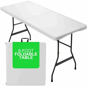 Heavy Duty White Folding Table, 6ft Portable Plastic, Fold-in-Half Utility Dining Table for Indoor and Outdoor Use, Ideal for Camping, Picnic, and Party, Camping Table Foldable