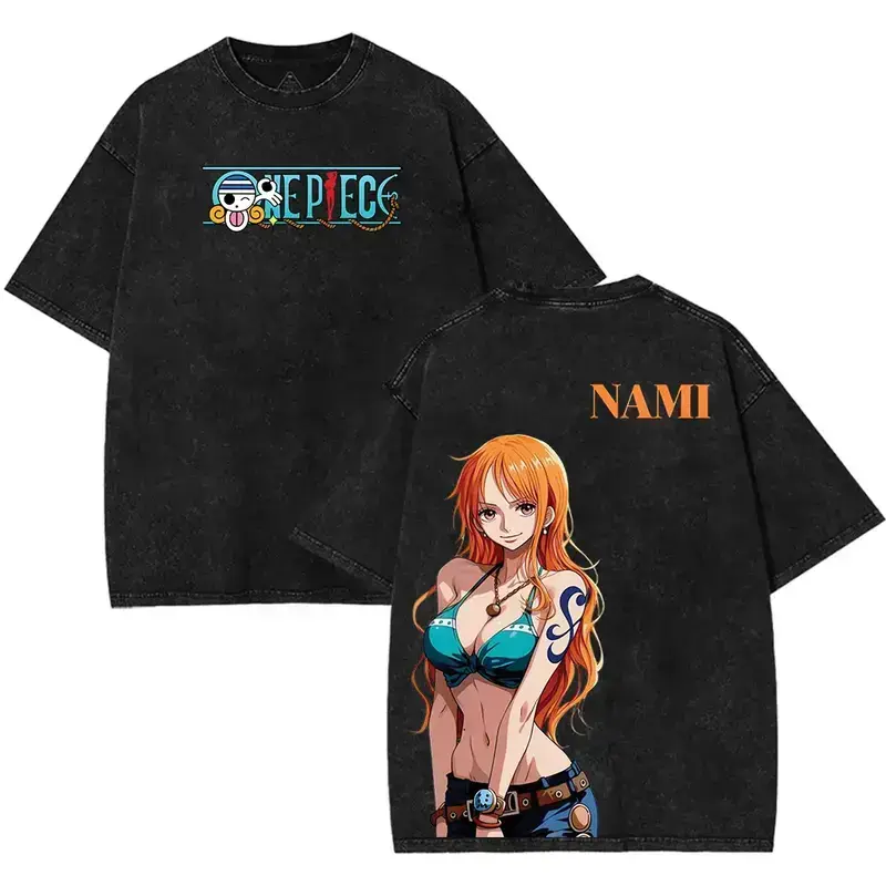“Cat Burglar Nami” Aime acid wash Vintage Oversized crewneck cotton graphic t-shirt Unisex Menswear top, classic Anime merch for otaku fans & streetwear tee lover