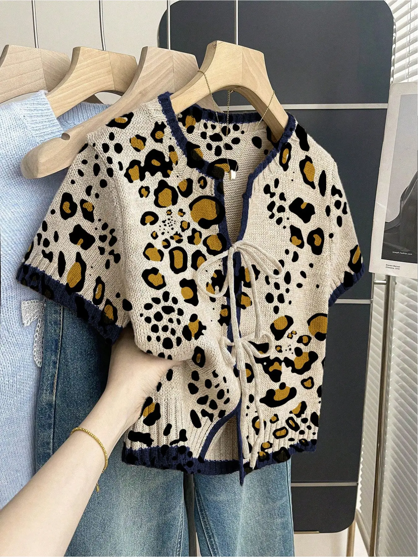 Women's khaki bohemian vacation short-sleeve knit top. Loose round neck, contrast leopard print, front tie and contrast piping. Comfortable for spring & summer casual wear. lady Womenswear Casual Boho Soft Casual Classy Top Boho Tops