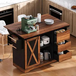 55.5" Farmhouse Kitchen Island with Drop Leaf with Power Outlet, Barn Door, Rolling Kitchen Cart on Wheels with Spice Rack for Home, Kitchen (Black) Cabinet Storage Drawer Chest