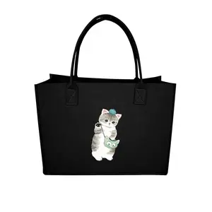 Cute Tabby Cat Felt Tote Bag - Orange Adorable Kitten Print Shoulder Bag for Women