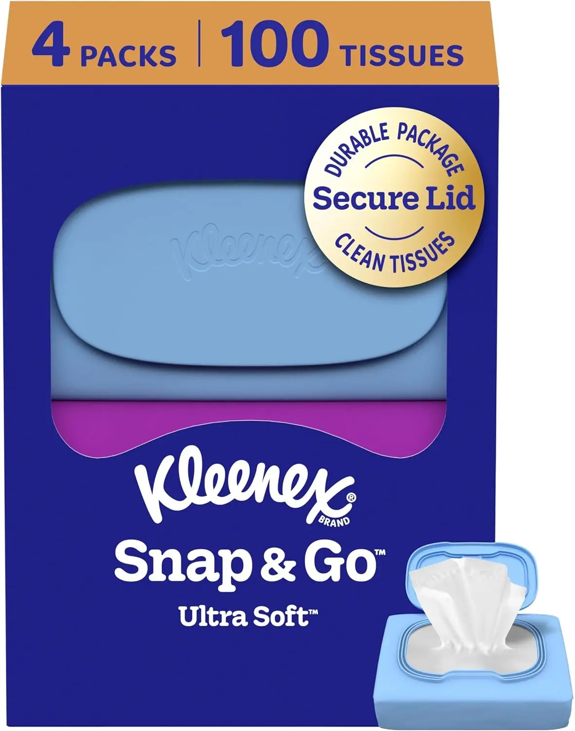 Kleenex Snap & Go Ultra Soft Facial Tissues, 4 On-the-Go Packs, 25 Tissues per Pack, 3-Ply, Packaging May Vary Napkin