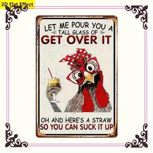 2D Flat, Funny Chicken Metal Wall Decor - Vintage Farmhouse Decoration with Funny Drinking Chicken Saying - Material - Red Rooster & Wine Glass Design - Humorous "Let Me Pour You a Tall Glass" Quote