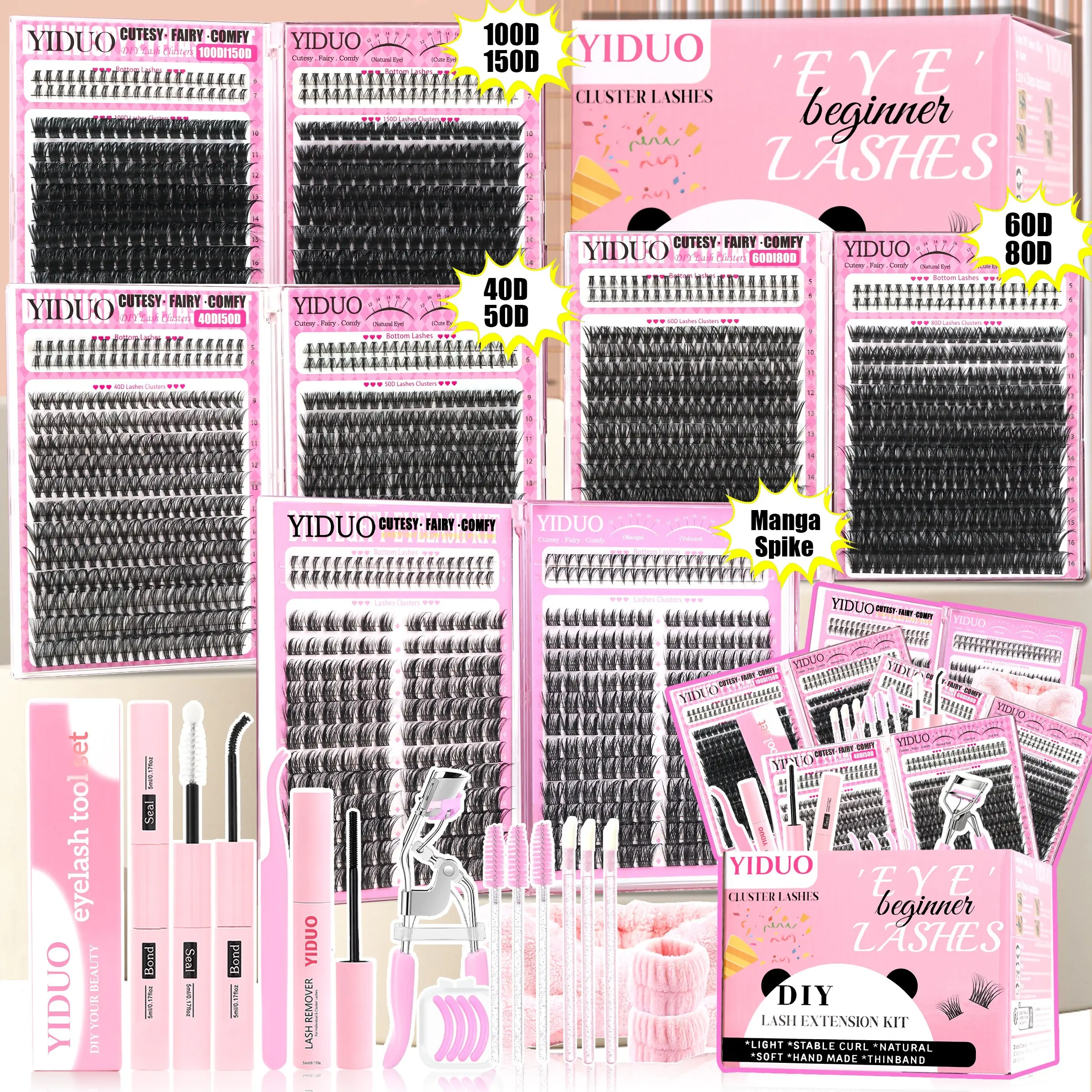 Eyelash Cluster Kit, Eyelash Extension Set(1952/1693 Pcs) 40D-300D&Spikes&Bottom D- Curvature Cluster Eyelash Extension Kit with Adhesive, Eyelash curler and Eye Makeup Tools, False Eyelash Kit for DIY at Home, DIY Eyelash Clusters